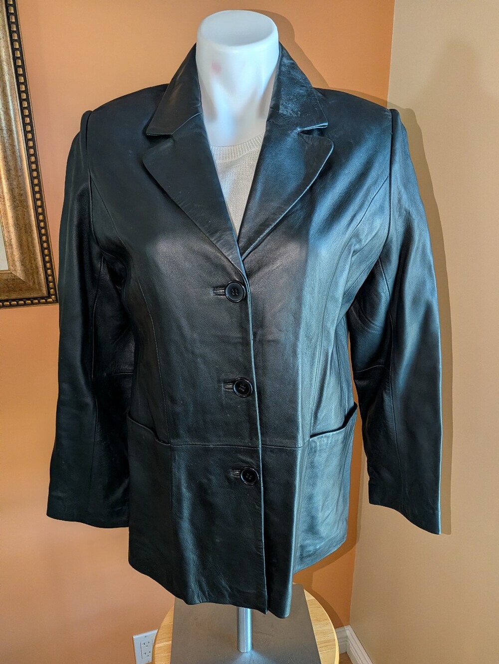 Raffaelo Classic Women's Black Leather Blazer Jacket Size L